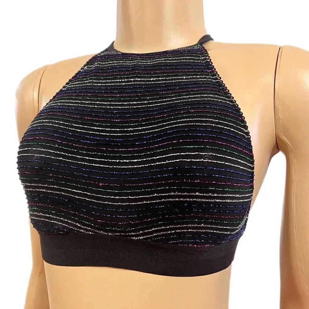 Victorias Secret high neck unlined metalícese striped halter bralette bra black